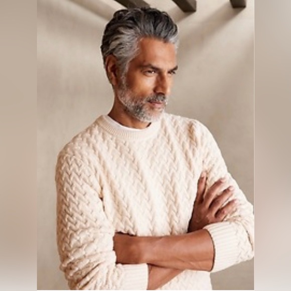 BANANA REPUBLIC EUC Men’s Ivory SuPima Cotton Cable Knit Crewneck Size Medium - Picture 1 of 16
